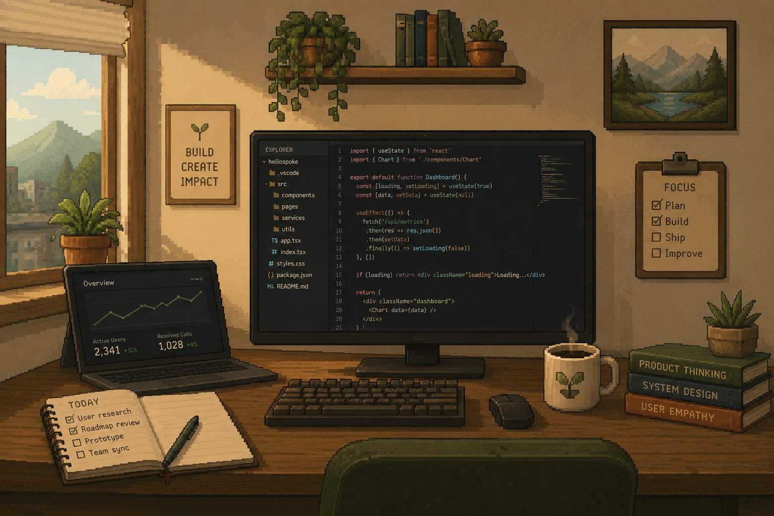 a cozy pixel-art workspace with a desk, monitor, plants, and a window